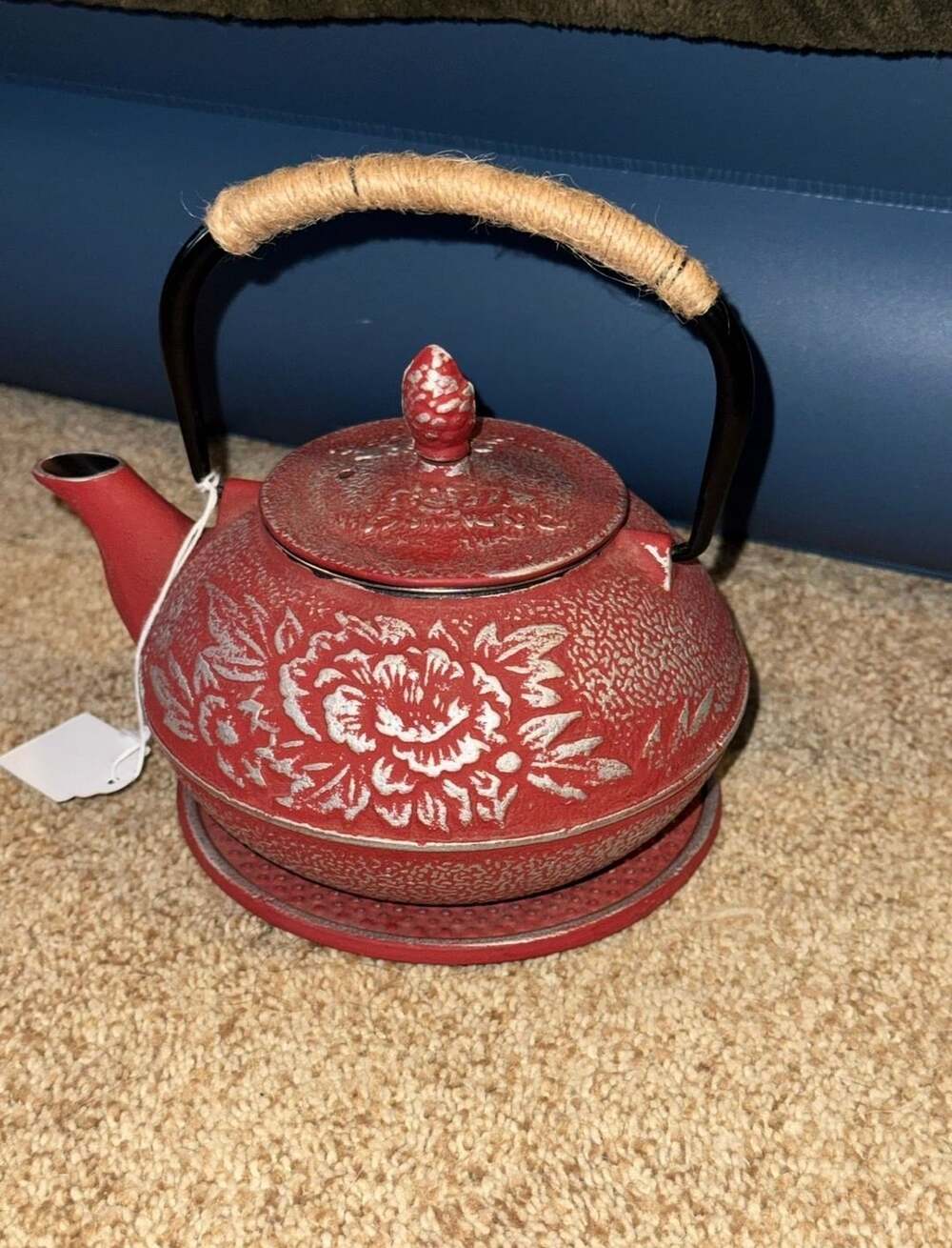 Red Floral Cast Iron Teapot Kettle with Infuser and Trivet